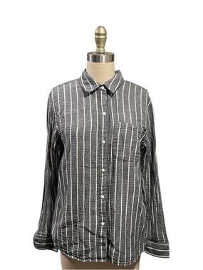 Quince 100% Organic Cotton Gauze Striped Shirt Long Sleeve Gray White Sz S EUC